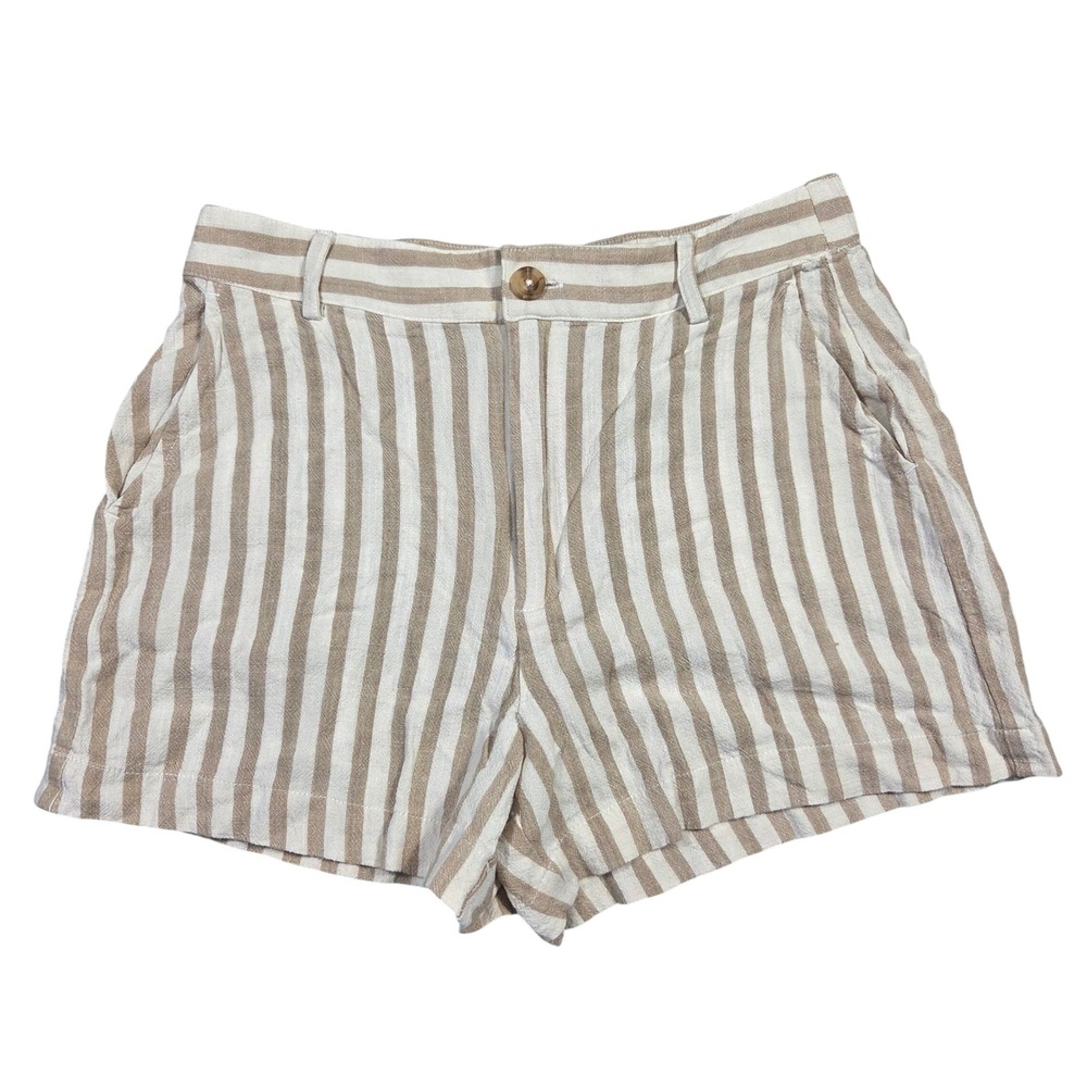 Becool Women Tan White Striped Linen Blend Shorts Small Boho Beach Resort Summer